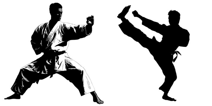 A karate fighter is depicted in a modern silhouette isolated on a white background