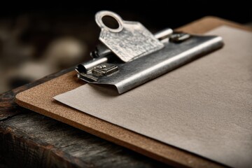 Close-up of a vintage clipboard with blank paper