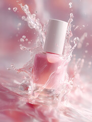 Pink nail polish splashes in water. Luxury beauty product. Editorial, beauty marketing, website usage.