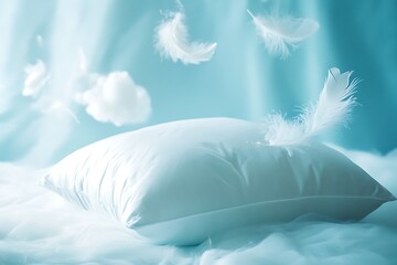 Ethereal White Pillow with Floating Feathers against Soft Blue Backdrop, Dreamy Peaceful