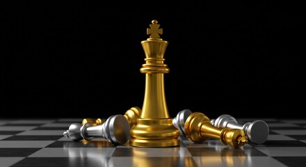 Golden Chess King Stands Victorious Over Fallen Silver and Gold Pieces on Chessboard