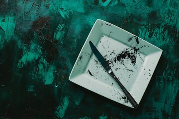 Square White Plate and Stainless Steel Knife on a Textured Green Surface