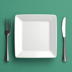 Square White Plate, Stainless Steel Fork, and Knife on a Green Surface Backdrop