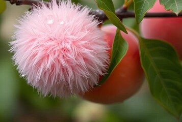 Peach Fuzz Frenzy Fuzzy pink body covered in dew clinging to a f