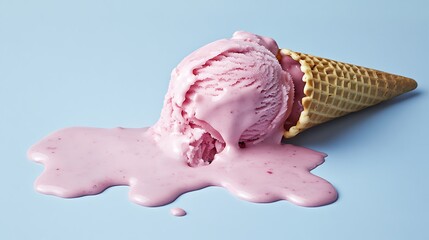 Strawberry Ice Cream Cone Melted on a Light Blue Background in Soft Studio Lighting