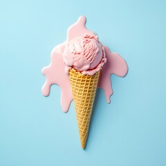 Strawberry Ice Cream Cone Melting on Light Blue Background â€“ Delicious Summer Treat