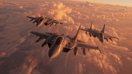 Flying three military fighter jets soaring in close formation above cloud layer, with sunlit sky