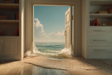 Fototapeta premium Miniature room, open door to ocean waves