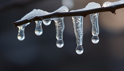 Perfectly formed ice droplets clinging to bare branch refracting