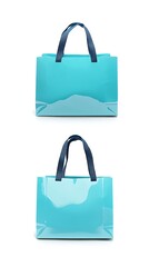 Two Glossy Light Blue Shopping Bags with Dark Blue Handles on White Background