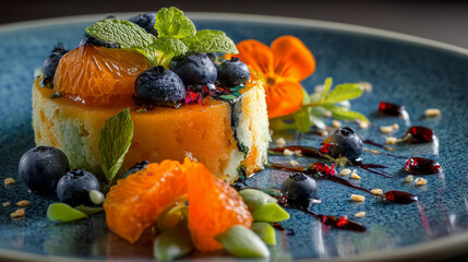 Close Up of an Artistic Food Presentation: Orange and Blue Culinary Dish