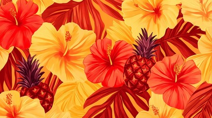 Fototapeta premium 30.A radiant design featuring bold curves and lines in warm tones of red and yellow, accented by retro tropical icons like pineapples and hibiscus flowers.