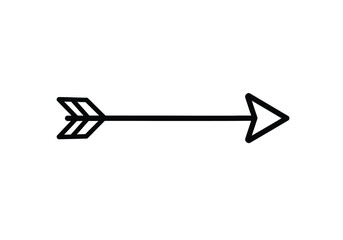 Arrow drawing. It is a black and white outline image of a simple arrow, pointing to the right and representing direction or navigation. Vector sketch line art draw.