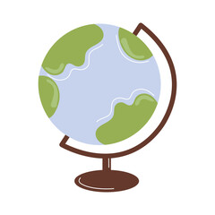 Educational globe with continents and oceans for teaching geography in classrooms. Isolated vector illustration in flat style on white background.