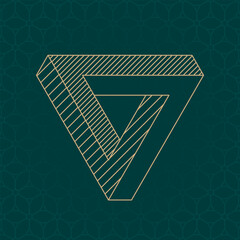 Inverted Mobius Triangle Loop Technical Draw Style Impossible Geometric Figure - Gold Isometric Object on Cube Pattern Wallpaper Background - Outline Graphic Design
