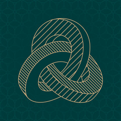 Inverted Impossible Geometric Figure Triple Mobius Loop Technical Draw Style - Gold Isometric Object on Cube Pattern Wallpaper Background - Outline Graphic Design