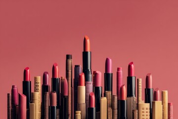 Lipstick collection, various shades and styles, arranged like a city skyline on a blush pink background