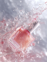 Nail polish sparkles in water, perfect for beauty marketing, product design. Clean, elegant, modern aesthetic.