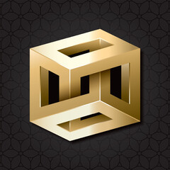 Irrational Cube Glossy Gold Style Impossible Geometric Figure - Golden Isometric Object on Repeating Cube Pattern Wallpaper Background - Outline Graphic Design