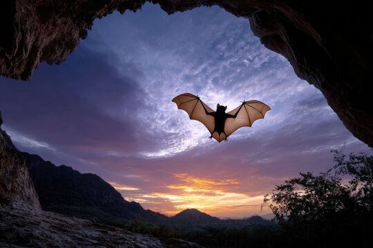A fruit bat flying out of a cave at sunset