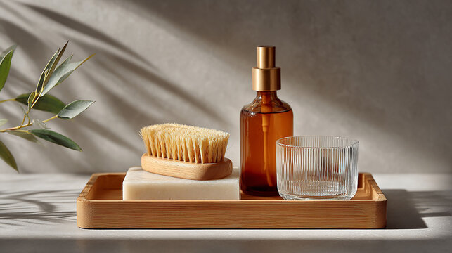 Natural Body Care Set with Amber Bottle and Wooden Brush