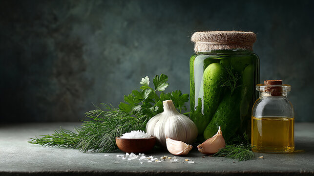 Homemade Pickled Cucumbers in a Jar with Garlic, Dill and Olive Oil