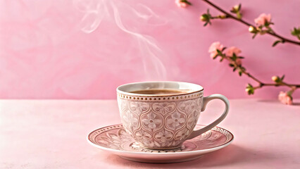 Fototapeta premium Elegant teacup steaming with hot drink, presented beautifully on a saucer against a pastel pink backdrop with cherry blossoms creating a serene spring aesthetic.