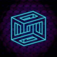 Irrational Cube Glowing Neon Sign Style Impossible Geometric Figure - Blue Isometric Object on Repeating Cube Pattern Wallpaper Background - Outline Graphic Design