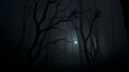 "Gloomy Forest at Night with Bare Trees and a Faint Light Through the Fog" 