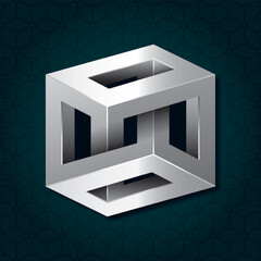 Irrational Cube Silver Metallic Style Impossible Geometric Figure - Chrome Isometric Object on Repeating Cube Pattern Wallpaper Background - Outline Graphic Design