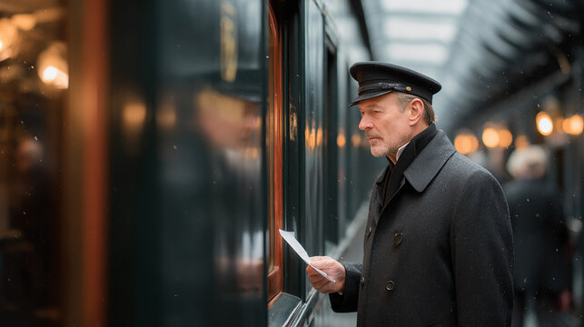 Railway Conductor Standing Beside a Train on the Platform