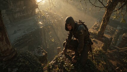 Fototapeta premium Crouching male adventurer wearing hooded tunic and leather armor in forest ruins, with longsword
