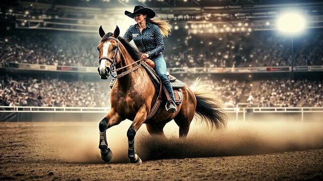 Woman riding horse in rodeo arena