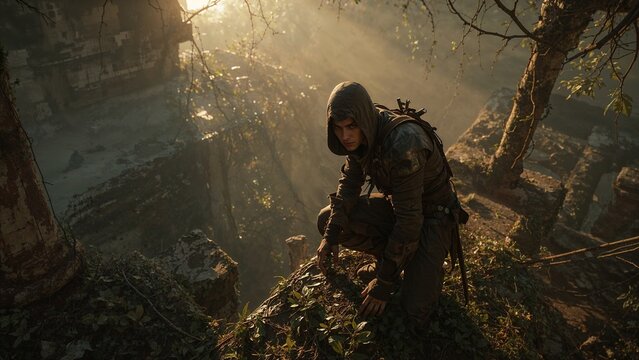 Crouching male adventurer wearing hooded tunic and leather armor in forest ruins, with longsword - Powered by Adobe