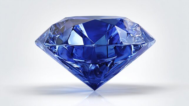 Faceted, royal blue gemstone with intricate internal reflections, laying on surface