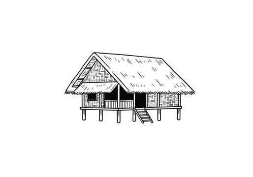 Bahay kubo drawing. It is a black and white outline image of a Bahay Kubo, a traditional Philippine stilt house with a thatched roof. Vector sketch line art draw.