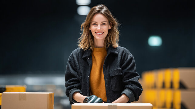 Smiling Woman Packing Cardboard Boxes in a Warehouse
