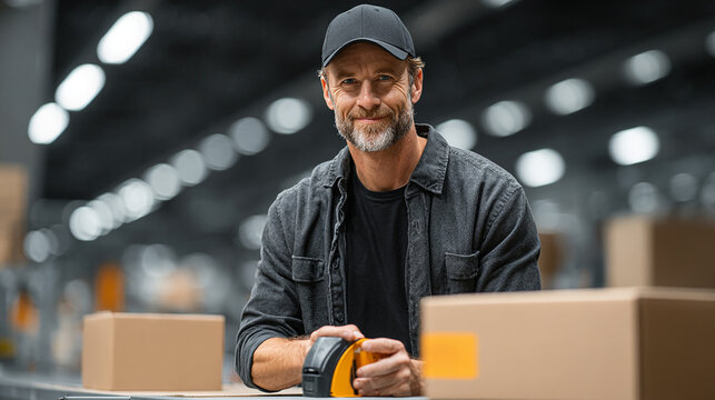 Warehouse Worker Packing Cardboard Boxes in a Logistics Center