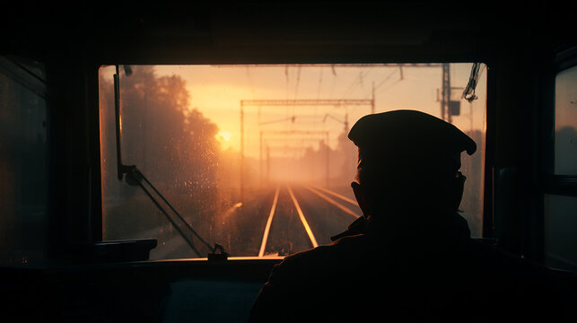 Train Driver in a Railway Cab Traveling Along Tracks at Sunrise