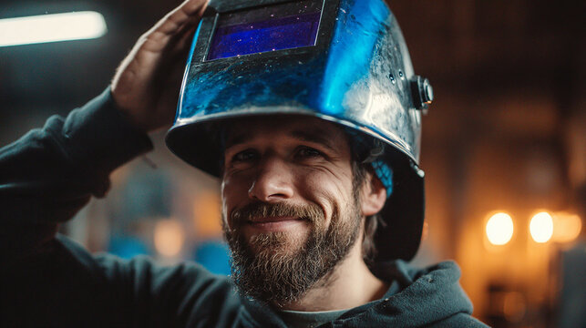 Smiling Welder Wearing a Protective Welding Helmet in a Workshop