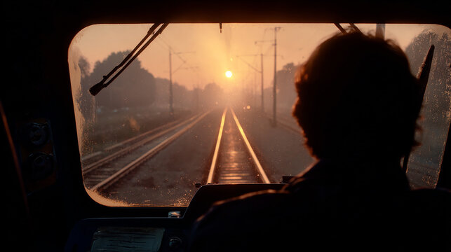 Train Driver in a Railway Cab Traveling Along Tracks at Sunrise