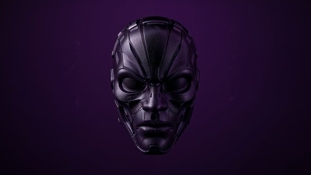 Floating futuristic metallic mask showing detailed panel lines in digital studio, reflective finish - Powered by Adobe
