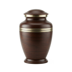 Elegant brown cremation urn with brass accents on white background  
