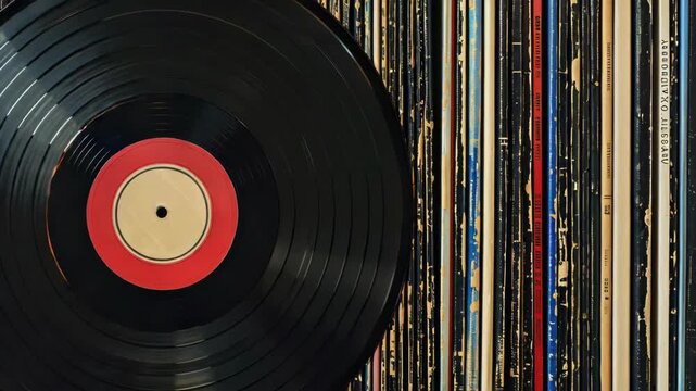 A stack of old vinyl records on a turntable, representing the history and nostalgia of analog music.