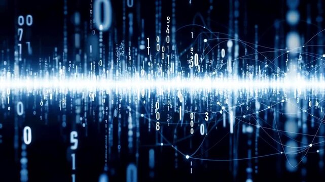 Abstract representation of digital data flow with binary code and light waves in a futuristic setting