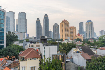 The urban landscape displays a harmonious transition between lush green areas and towering modern buildings, fittingly representing sustainable urbanization.