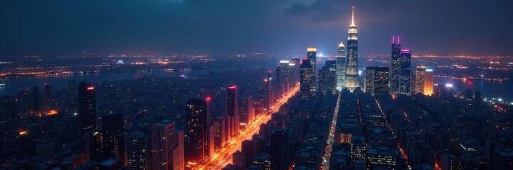Dark cityscape, glittering skyscrapers reflecting light , building, photo, skyline