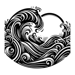 Fototapeta premium A powerful ocean wave crashing with a circular sun or moon in the background