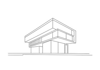 Architect drawing. It is a black and white outline image of a modern architectural building or house with clean, geometric lines. Vector sketch line art draw.