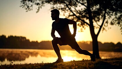 Silhouette of a man stretching outdoors at sunrise